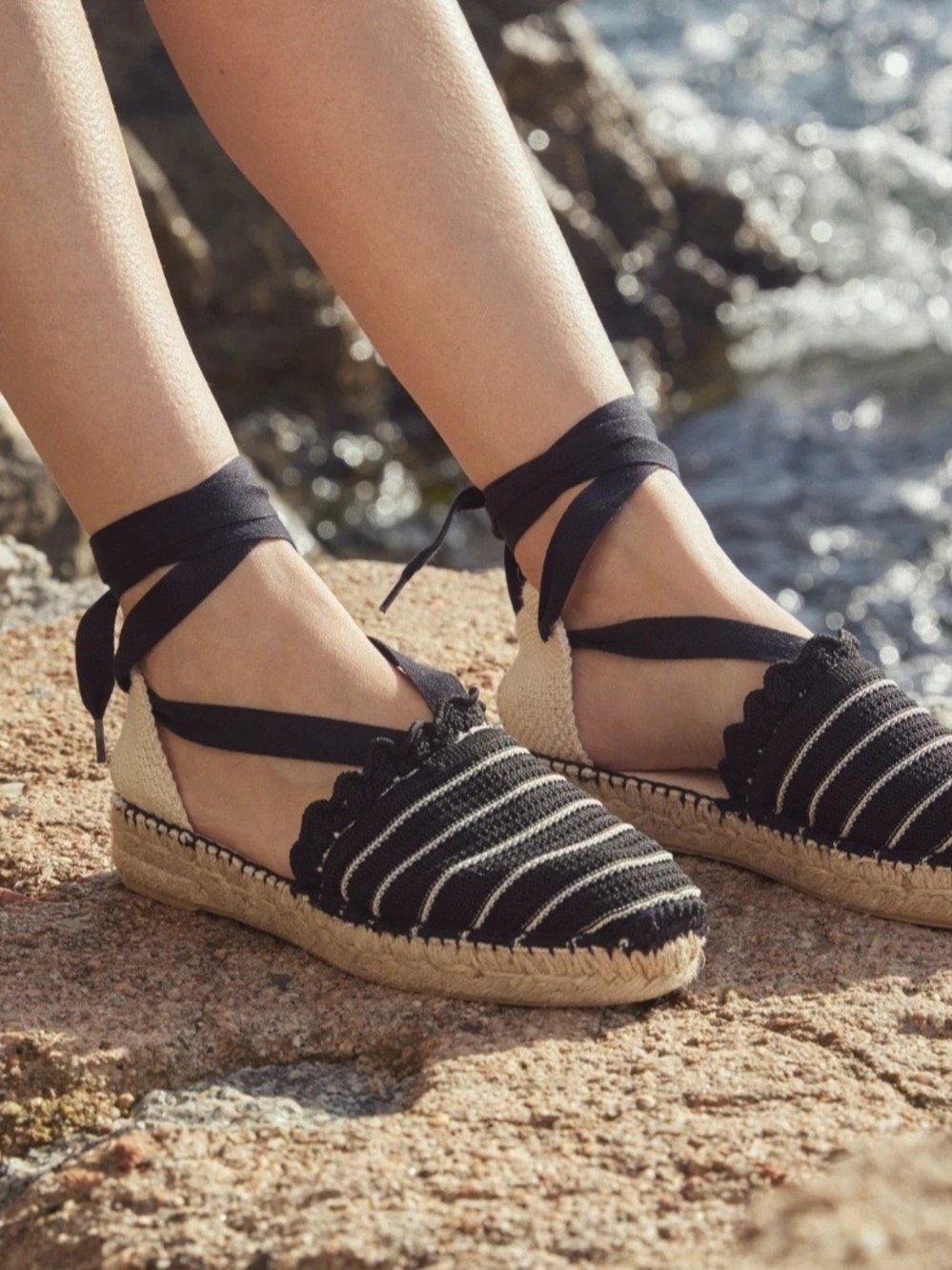 Toni Pons Oliueta Espadrille Flat with Black Ankle Tie In Black